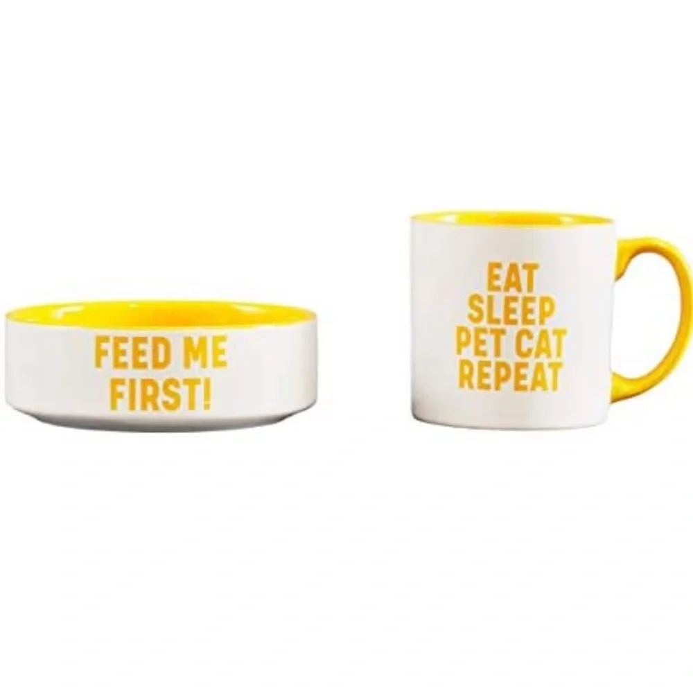 Wild & Woofy Ceramic Coffee Mug & Feed Me First Cat Food Bowl Set
